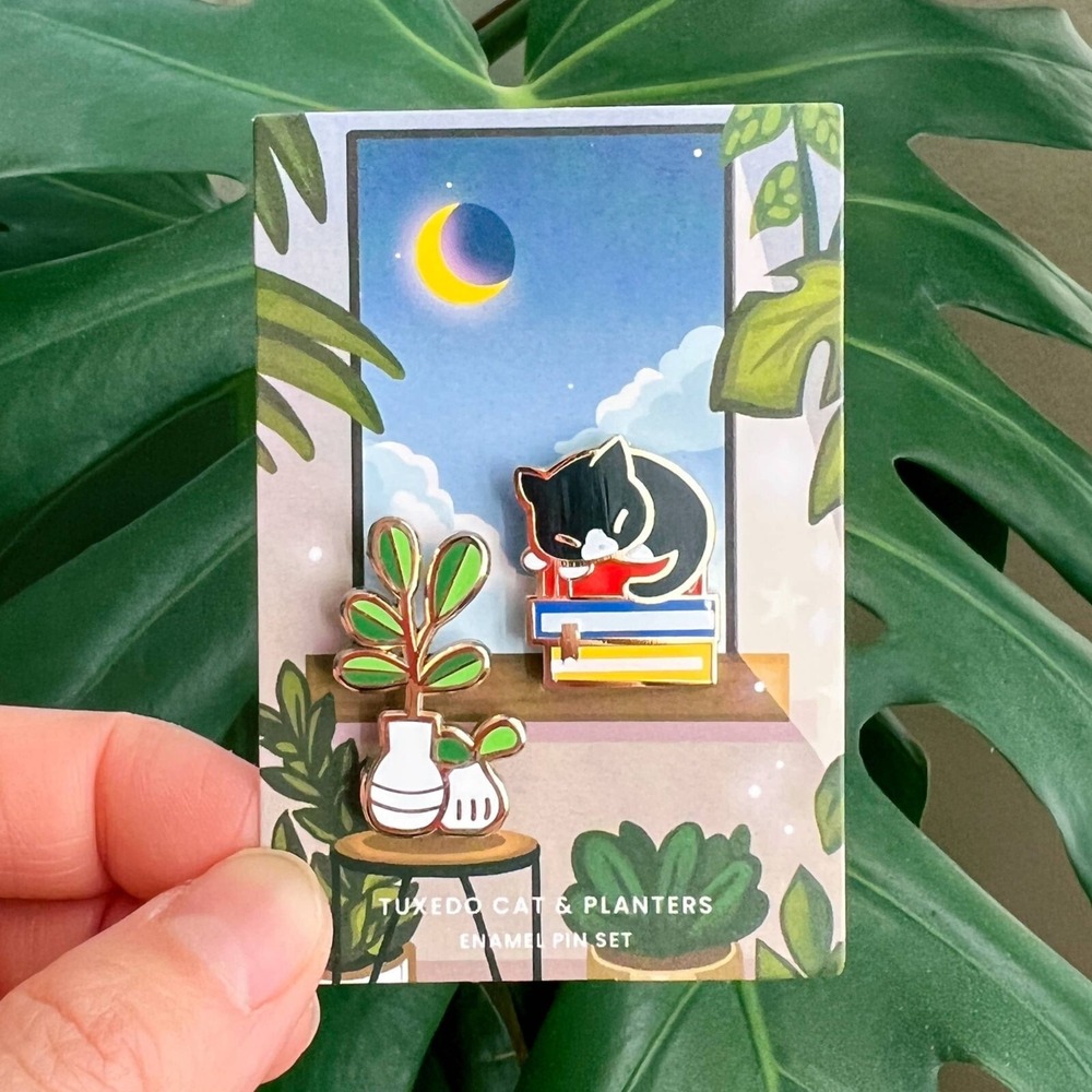 Tuxedo Cat and Planters‎ Enamel Pin Set - Set of Two Pins - Nature Jewelry